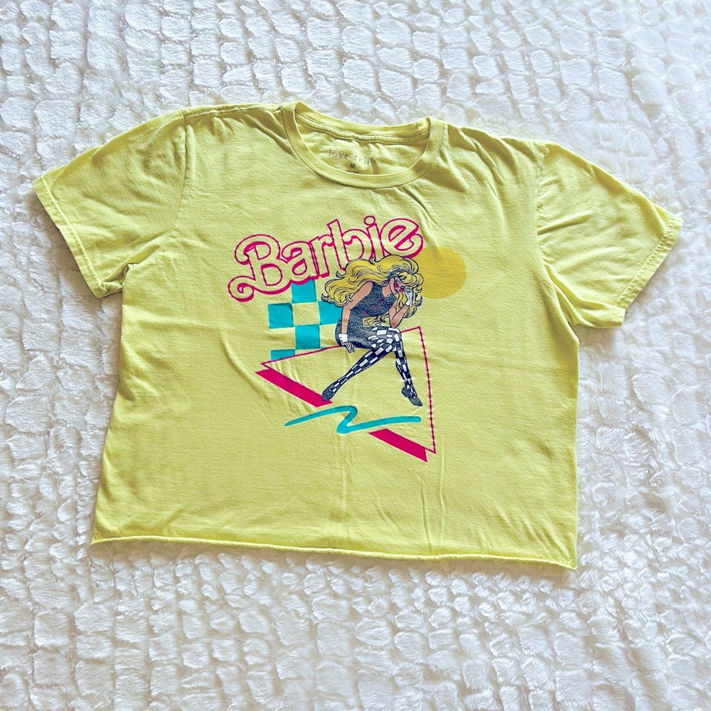 LOVE TRIBE: Juniors (M) Pre-Owned neon yellow, 80’s Barbie. Cropped top T shirt.